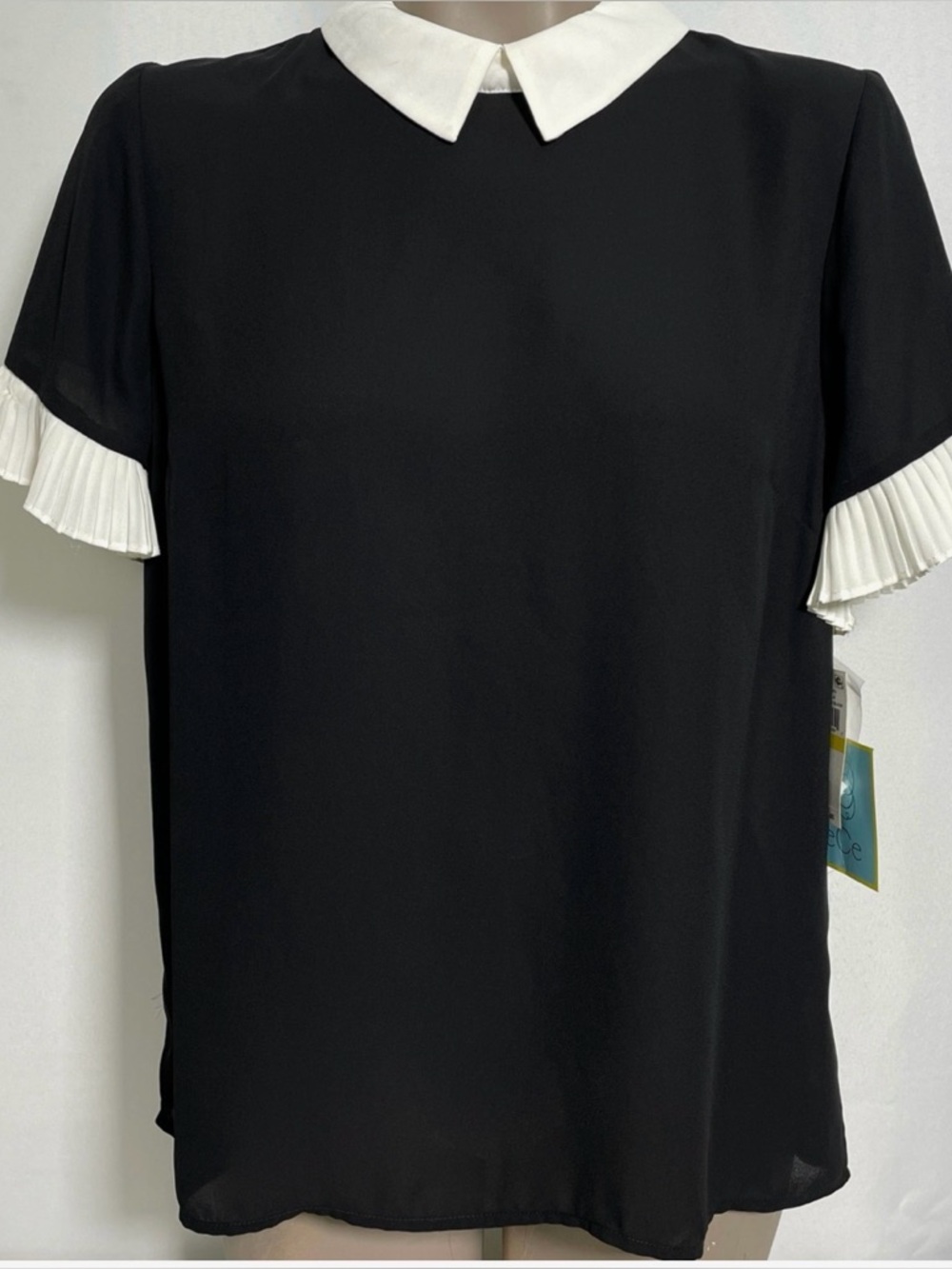 CeCe Black Blouse with White Peter Pan Collar and Pleated Sleeves